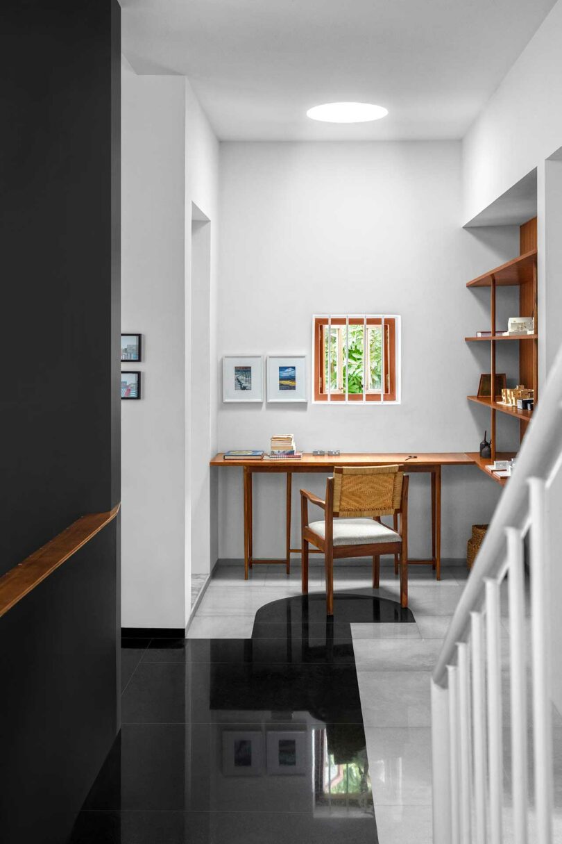 interior shot of small modern home office with wood desk