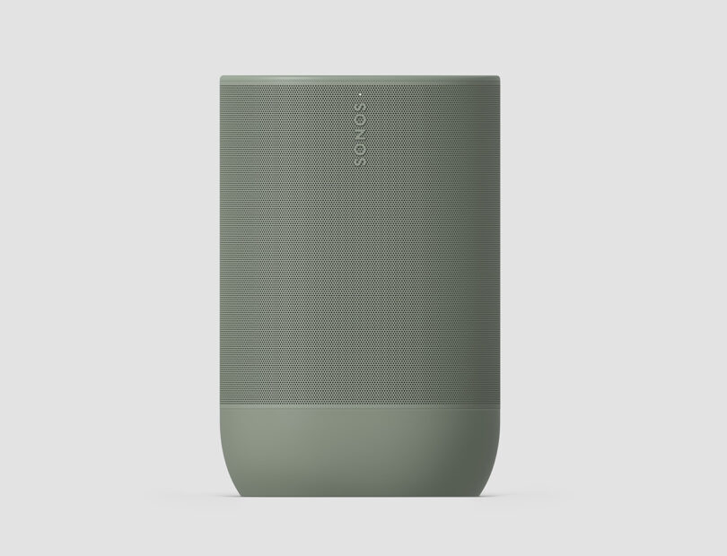 Olive green Sonos Move 2 wireless speaker viewed from front, showings it perforated grill.
