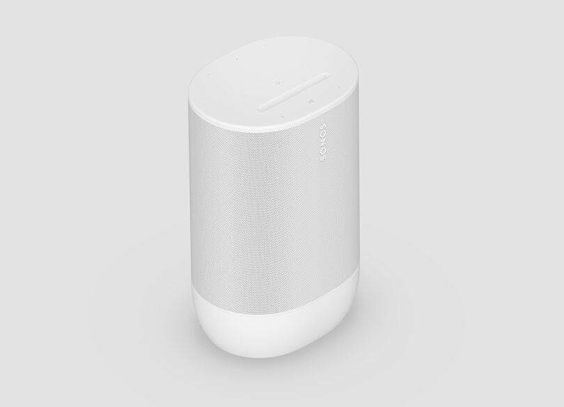 Angled view of Sonos Move 2 in white colorway against off-white background.