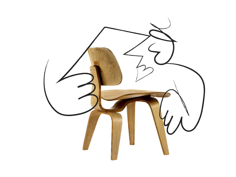 Catherine Potvin line illustration of person embracing Eames plywood chair.
