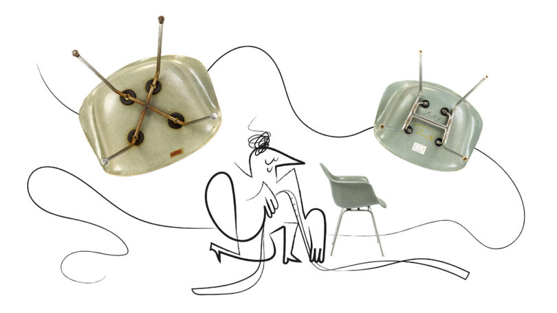 Catherine Potvin loose line drawing of person with measuring tape measuring three green Eames dining chairs with X base.