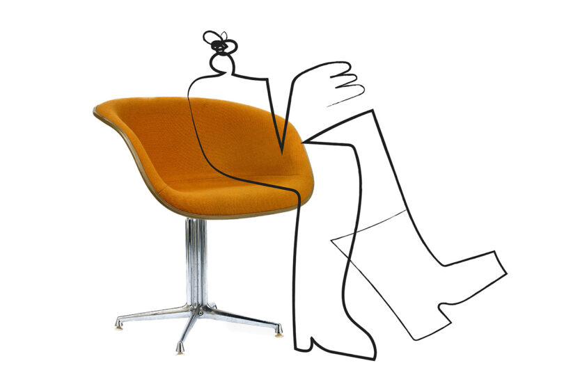 Catherine Potvin line illustration of person with boots on seated on Eames La Fonda Arm Chair with orange upholstery.