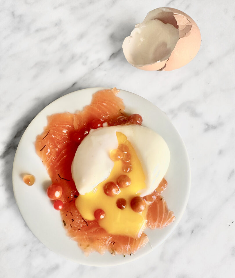 gravlax and a sous-vide egg plated