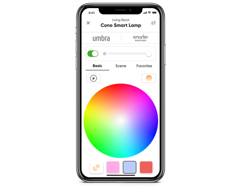 Nanoleaf iOS app with color wheel for customizing LED output hues and lighting scenes using an Umbra CONO lamp.