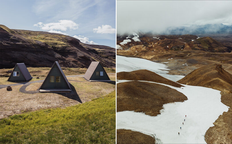 Three A-Frame huts at the base of the Kerlingarfjöll mountain range on left, with photo on the right of 5 snowshoe adventurers traveling across a remote, central highlands landscape of Iceland.
