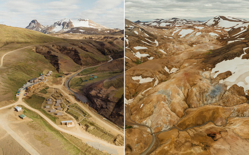 Two overhead landscape views of the Highland Base - Kerlingarfjöll site in the summertime with windy roads and snowcapped mountains visible in the distance.