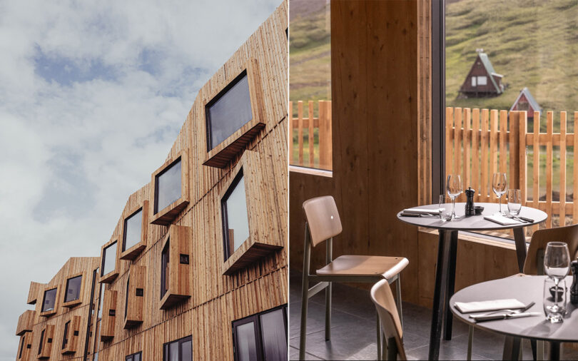 Detail of wood panel exterior of the Highland Base - Kerlingarfjöll with angled windows on the left, second photo on the right of an interior small dining table topped with wineglasses and salt and pepper. Visible in the background through a nearby window are two A-frame huts on a grass covered hillside.