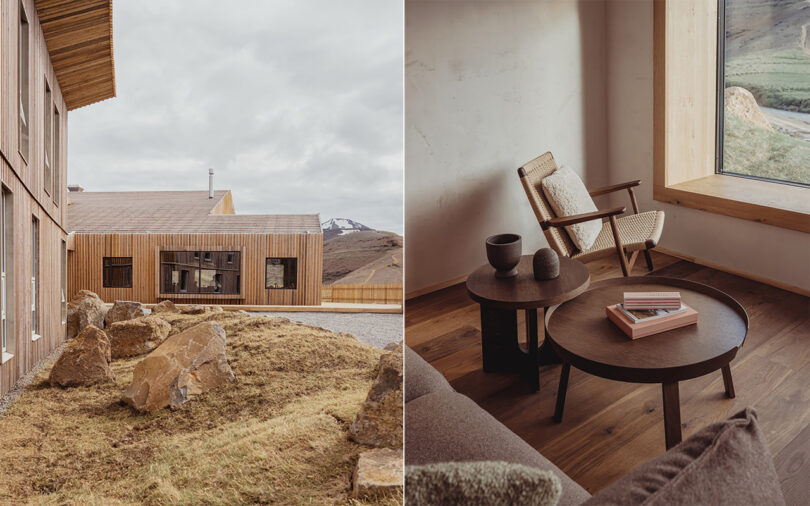 Right: exterior photo of stone and grass landscape surrounding the wood clad Highland Base - Kerlingarfjöll hotel with cloudy skies overhead. Left: Interior shot of the an armchair next to one small side table and a larger circular coffee table topped with small boxes and books.