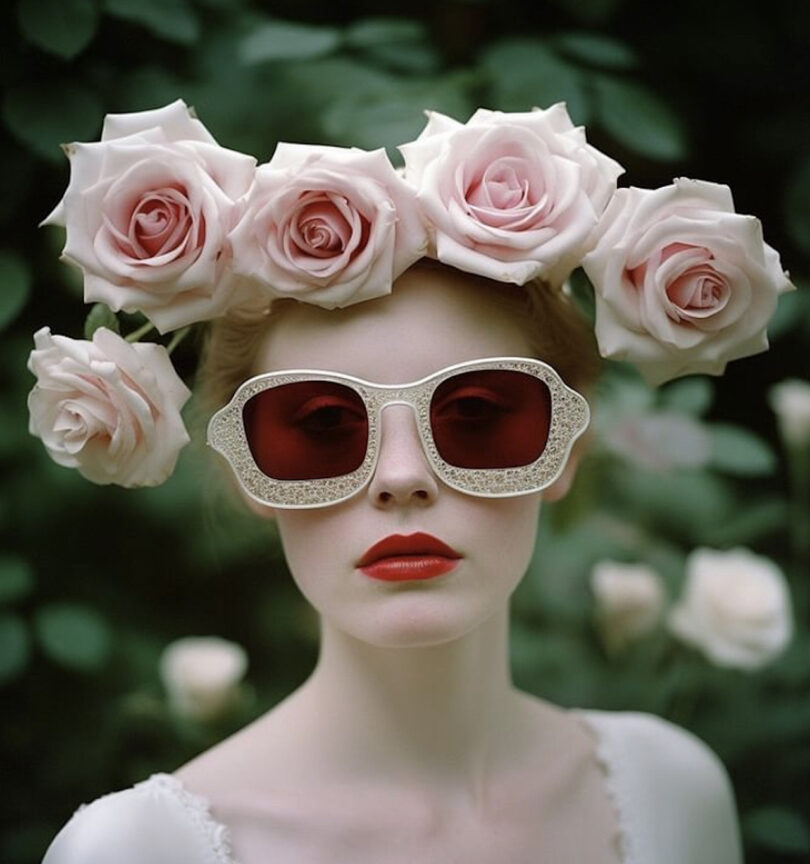 light-skinned woman wearing a light pink rose flower crown and large sunglasses