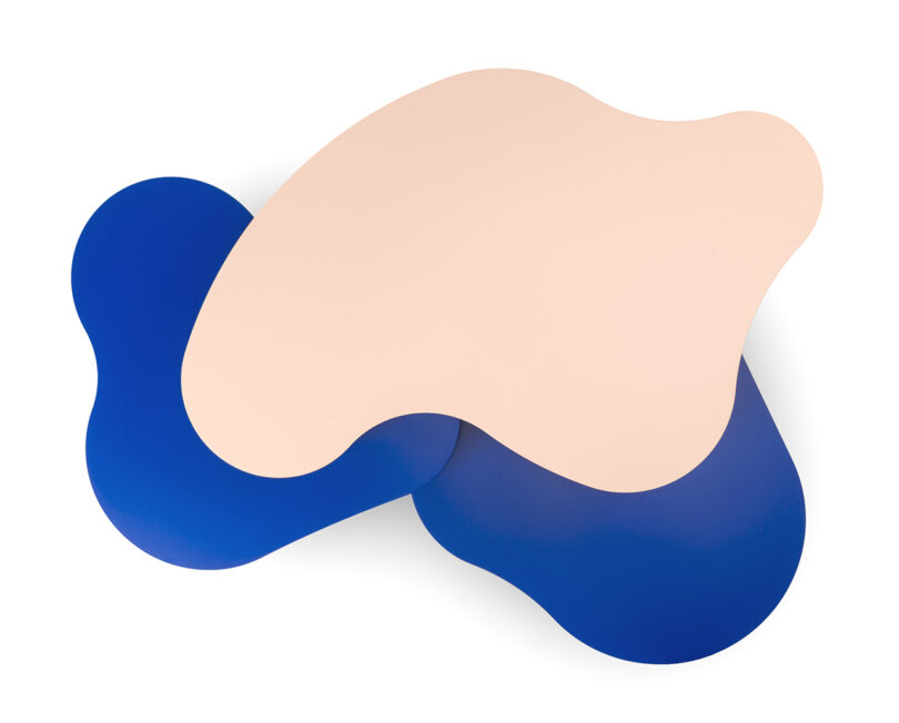 overhead image of three pink and blue abstract shaped nested tables on a white background