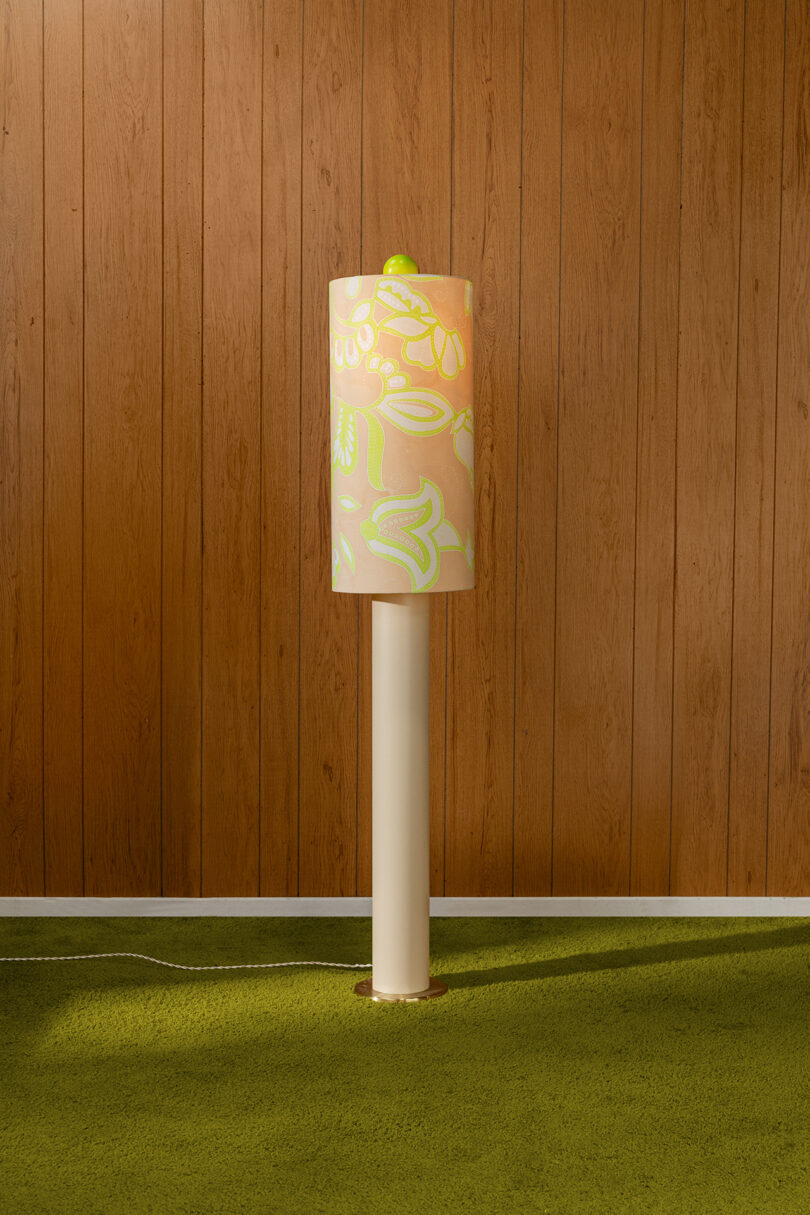 simple floor lamp base with pastel floral drum shade