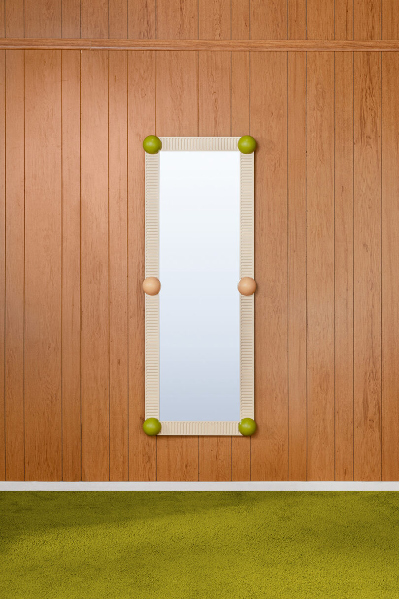 rectangle mirror with wood frame and pink and lime green accent details