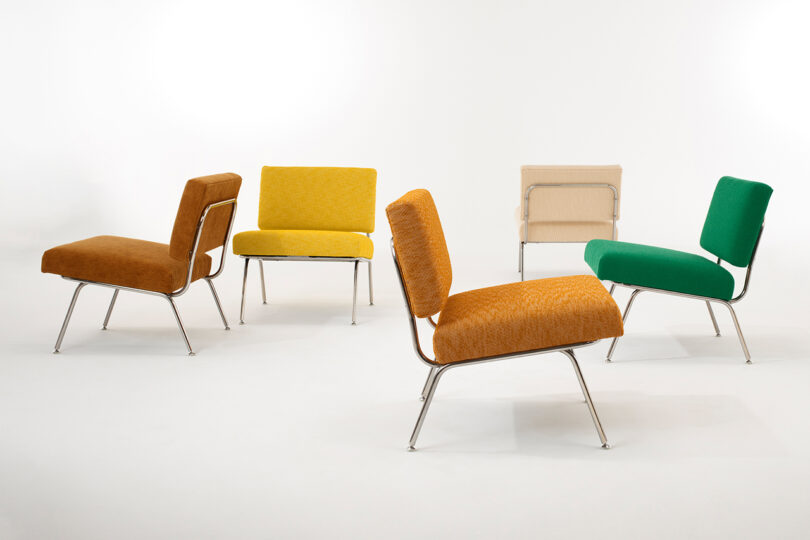five brown, goldenrod, cream, and green lounge chairs