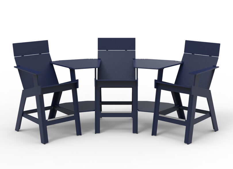 trio of black high-rise chairs and connecting tables on a white background