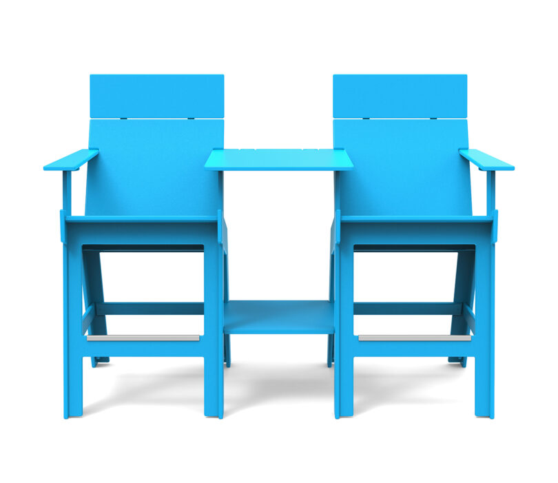 two teal blue high-rise chairs and connecting table on a white background