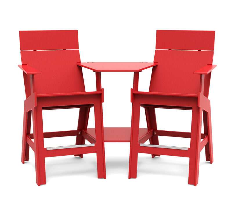 two red high-rise chairs and connecting table on a white background