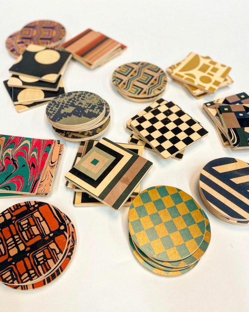 mix of coasters with maximalist prints