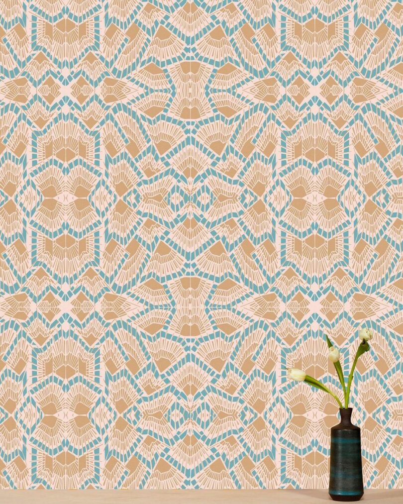 beige and blue patterned wallpaper