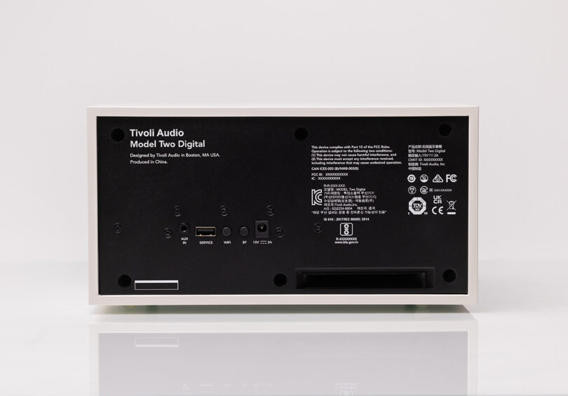 Back of the Tivoli Audio Modern Two Digital in white showing input options.