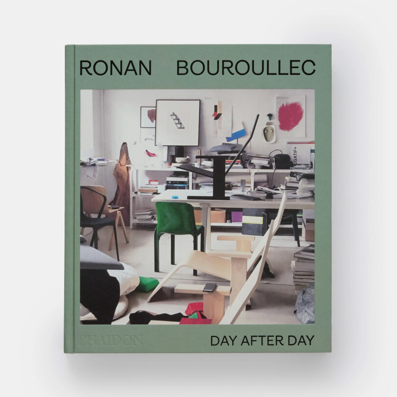 Light green cover of Phaidon's "Ronan Bouroullec: Day After Day" book. Center image shows Bouroullec's cluttered studio space filled with art and furniture prototypes and various stages of completion.