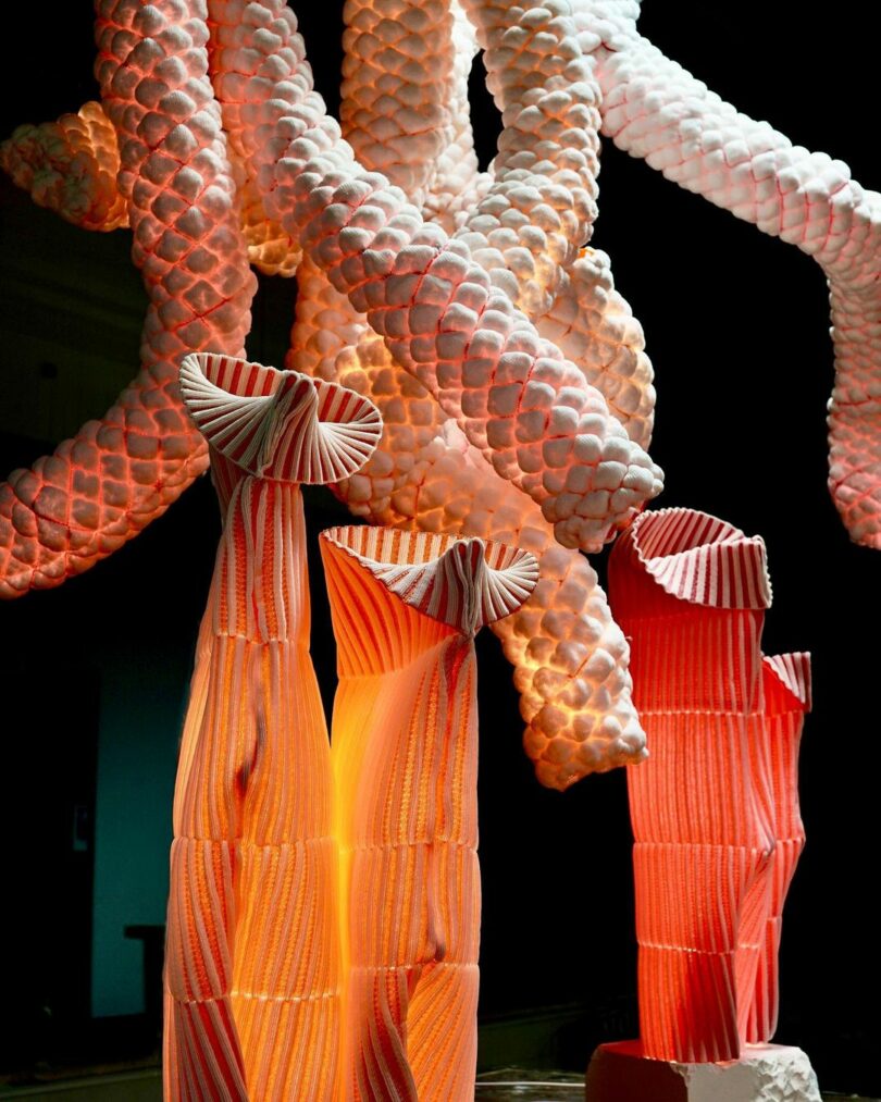 red glowing knitted light sculptures