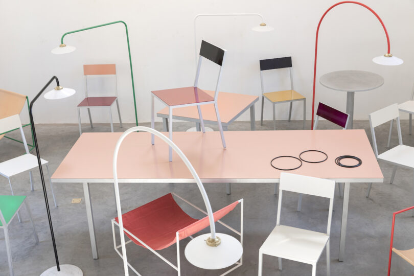 minimalist lamps, chairs, and tables