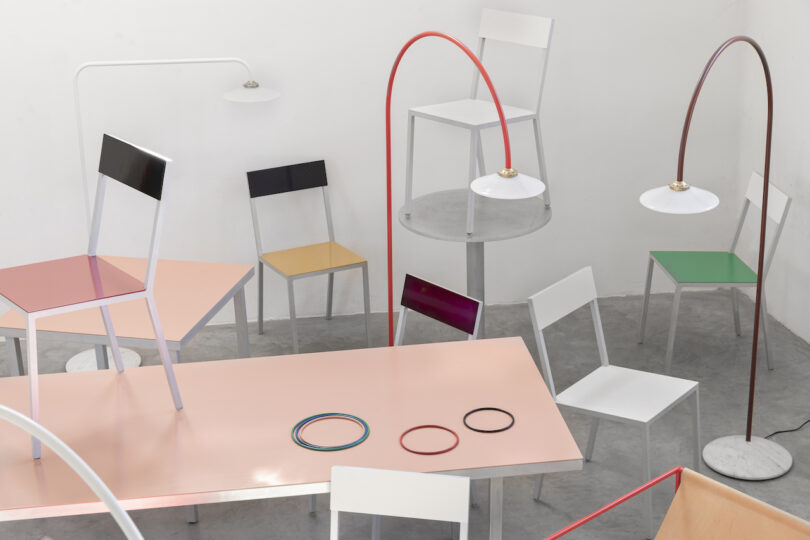 minimalist lamps, chairs, and tables 
