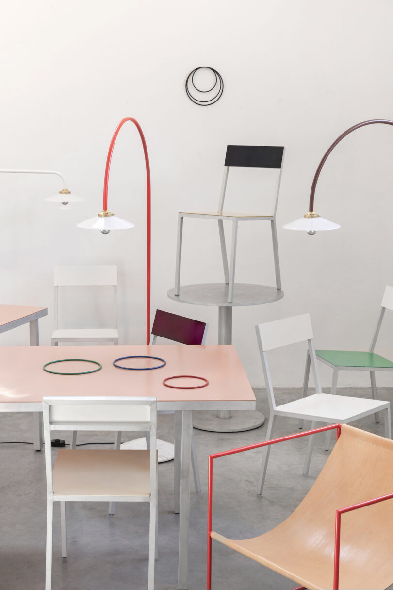 minimalist lamps, chairs, and tables 