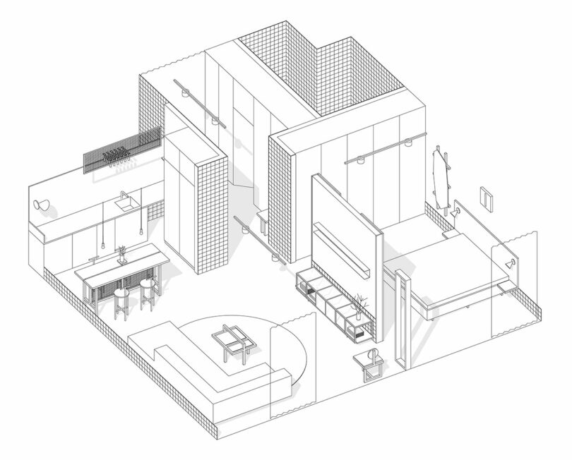 angled black and white sketch of apartment layout