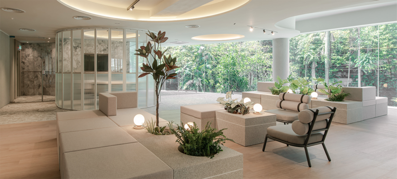 modern office lobby in light tones
