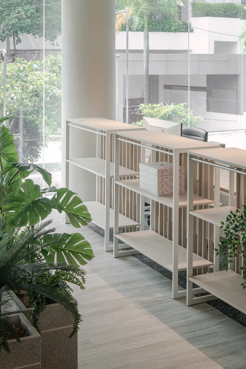 clean shelving in a modern office in light tones