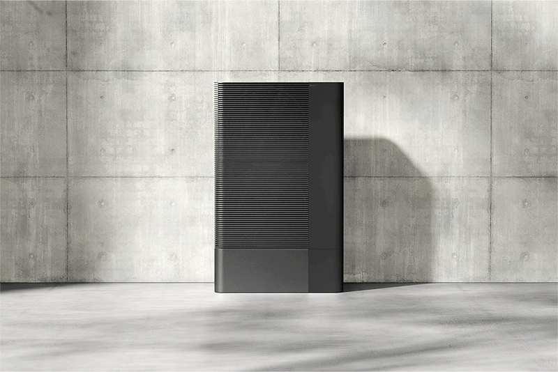 Animation of a black Electric Air condenser unit transforming from its wall mounted install to its legs out mode.
