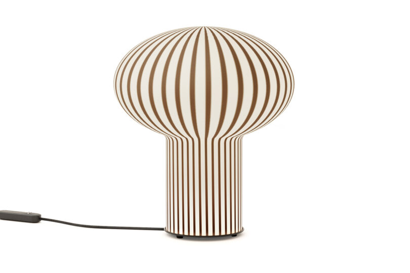mushroom-shaped brown and white striped table lamp on a white background