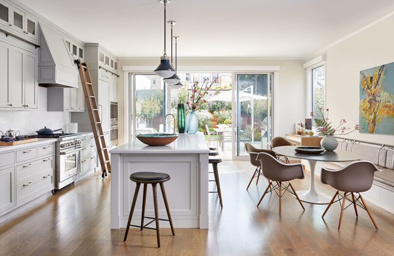 light-filled kitchen with island and dining space