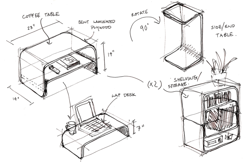 esboços de design para uma prateleira/mesa modular