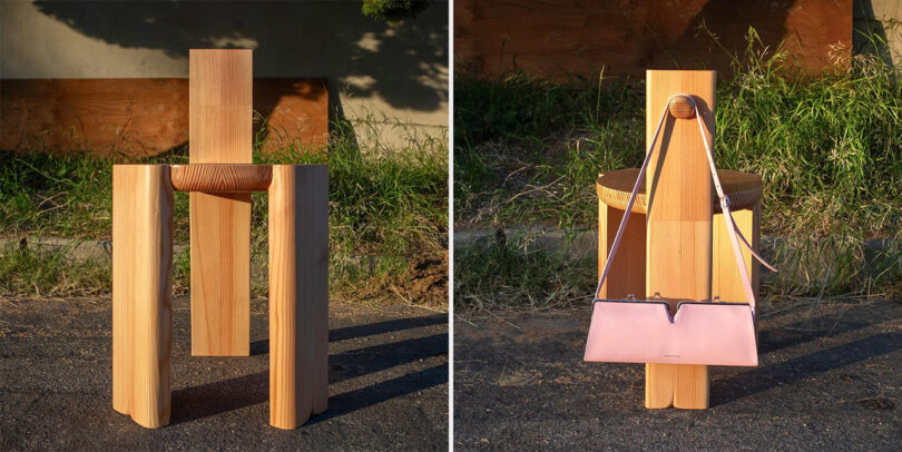 Side by side photos of a low modern wooden 3-legged stool with a small hook on the back