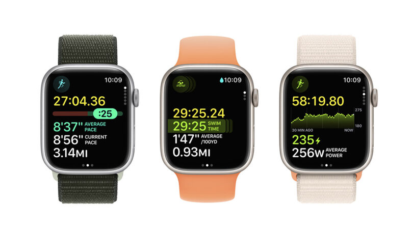 Três Apple Watch Series 9 com pulseiras verde-oliva, pêssego e branca com dados de atividade em cada uma das telas monitorando corridas e natação