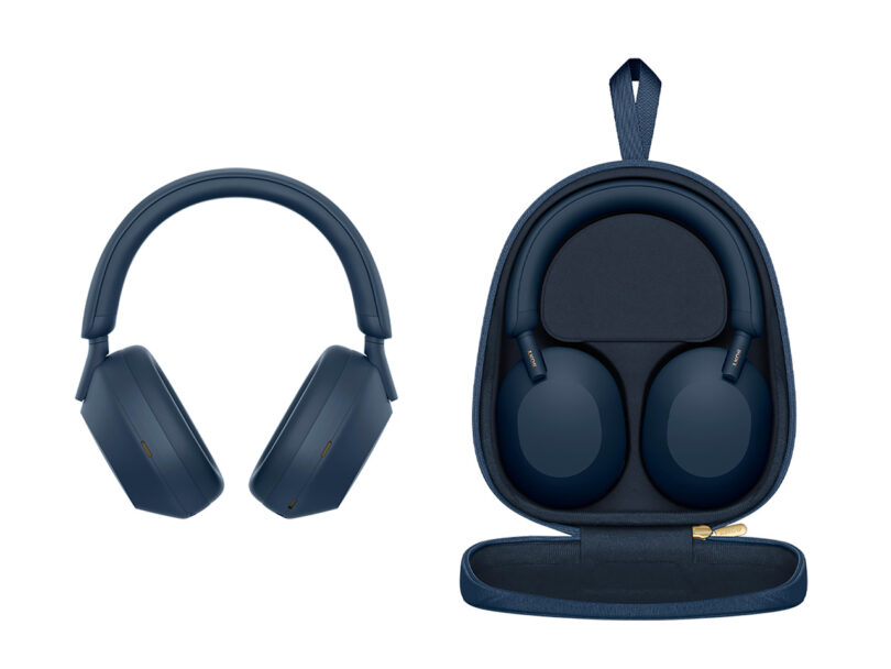 Two images of dark blue Sony ANC headphones, one by itself from the front, the second stored in a carrying case.