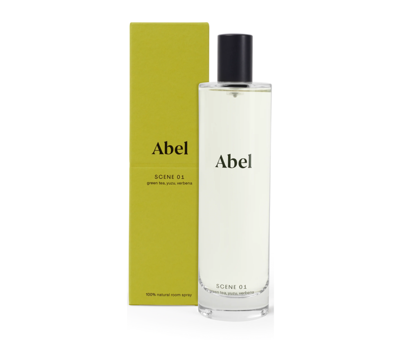 tall lime green box and bottle of home fragrance, both reading Abel, on a white background