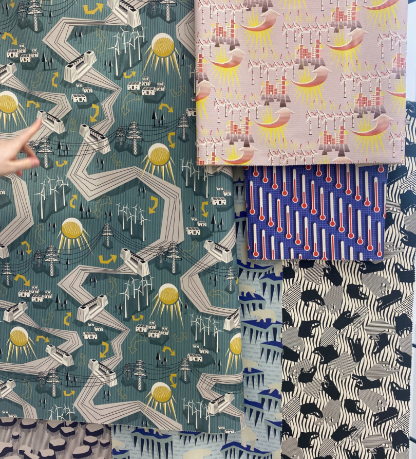 4 different wallpaper designs with bold illustrative patterns.