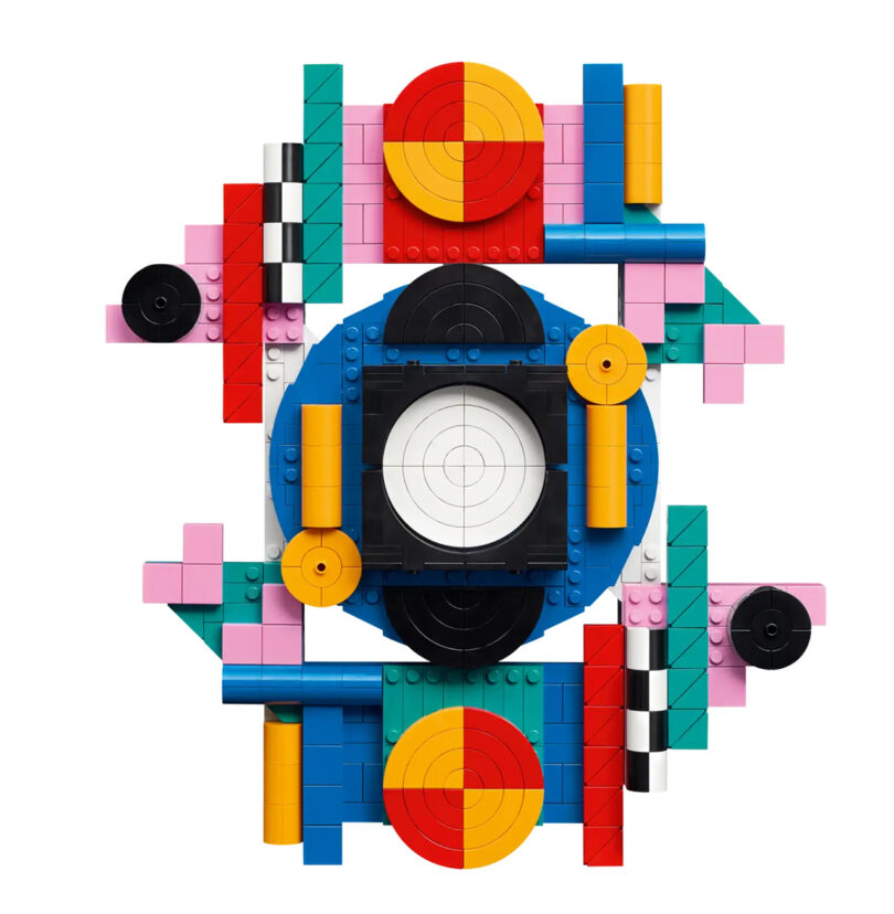 Colorful abstract creation using LEGO Modern Art building set, with a bullseye piece in the middle.