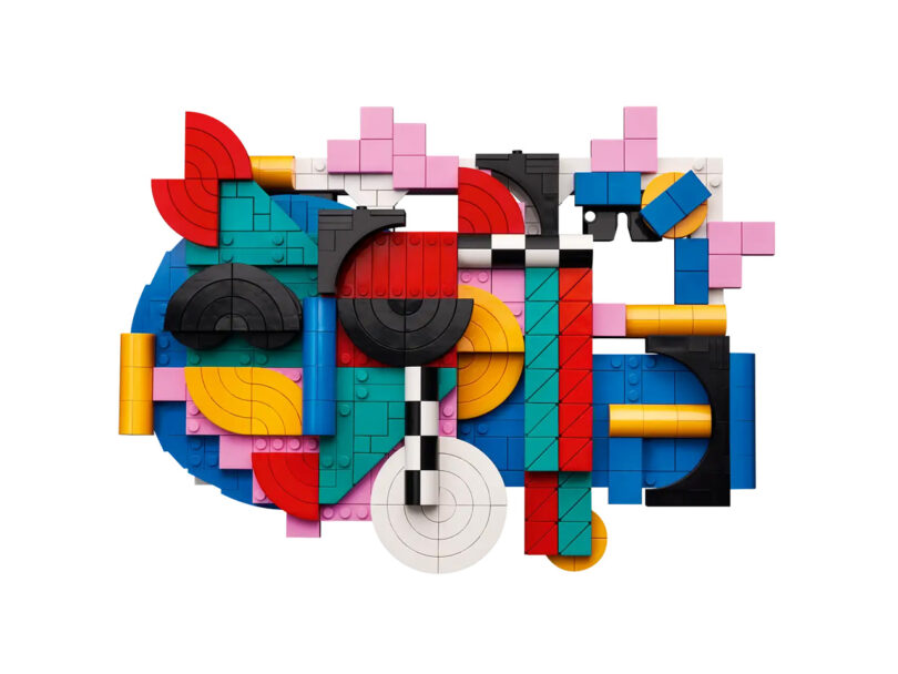 Colorful horizontally oriented abstract creation using LEGO Modern Art building set.