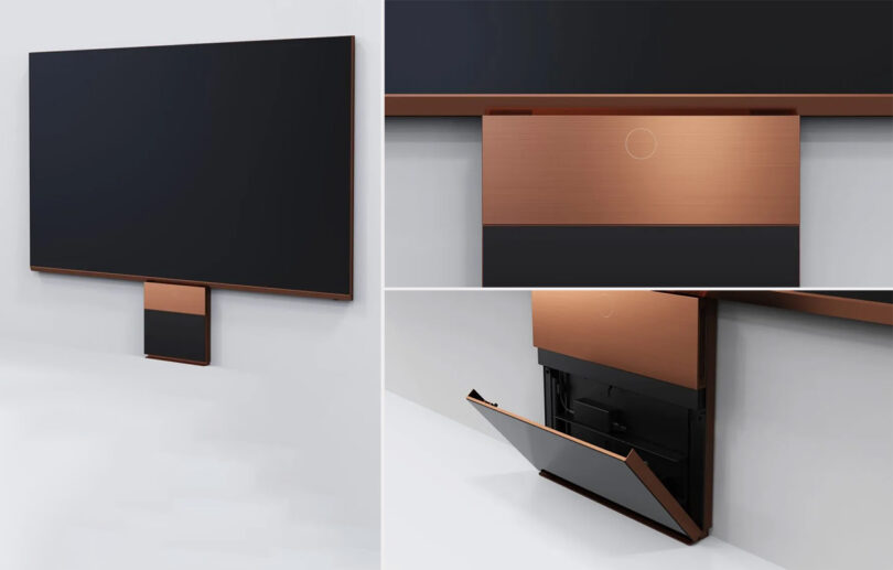 Detail images of the LG MAGNIT Micro LED television, including its bronze front stand that levers open to reveal the set's various port connections.