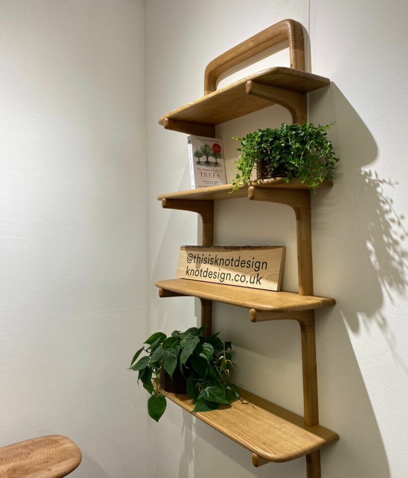 A curvilinear wooden wall-hung bookshelf with four shelves, two plants, a sign and a book. 