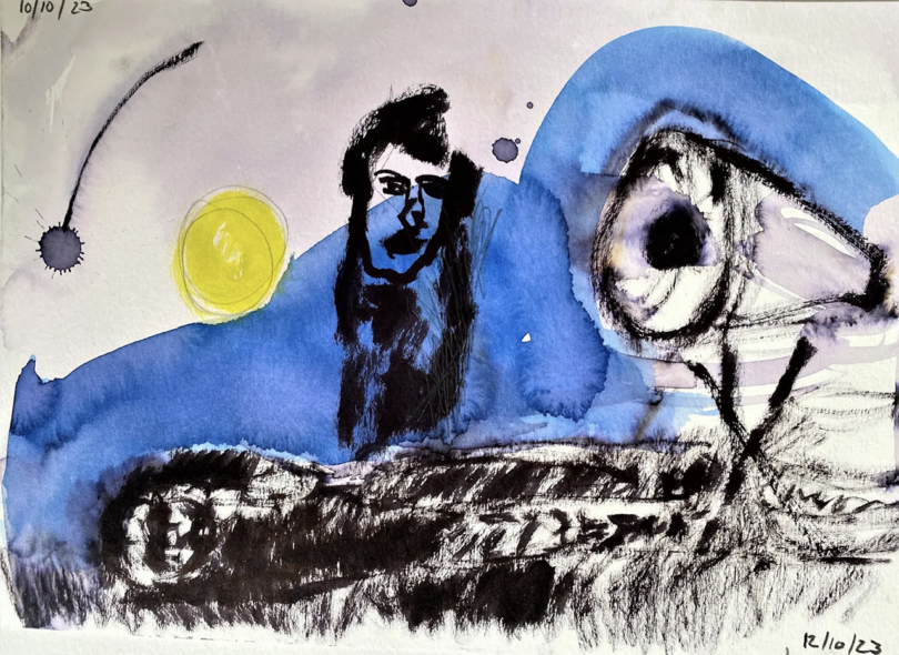 dark drawing with a person and blue and yellow background on white paper