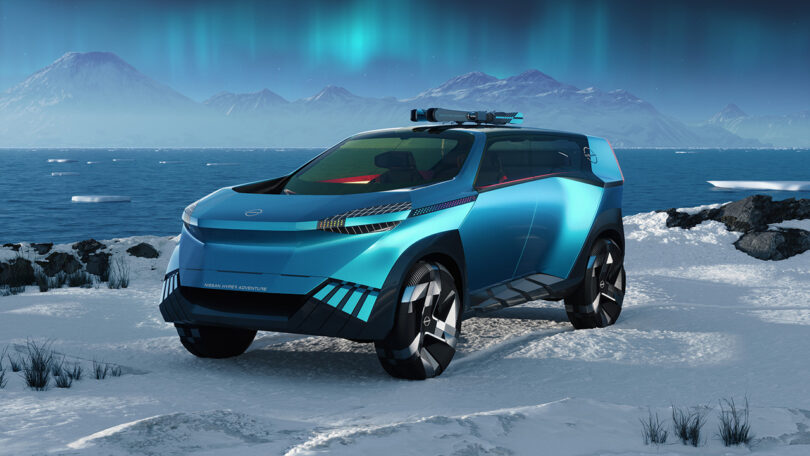 Sideview of an icy blue Nissan Hyper Adventure concept render set in a snowy setting with the Northern Lights glowing in the background with an Arctic body of water just a few feet away.