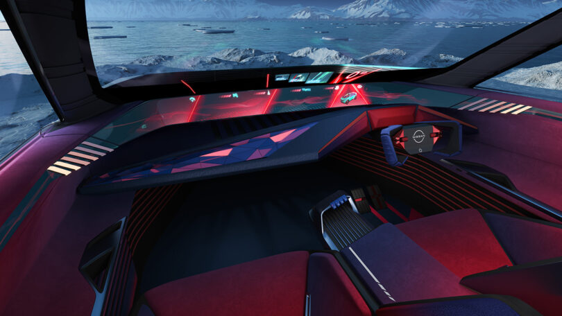Render of the Nissan Hyper Adventure concept's richly red and angular interior cabin, with yoke steering wheel positioned to the right side and a wraparound dash digital display.