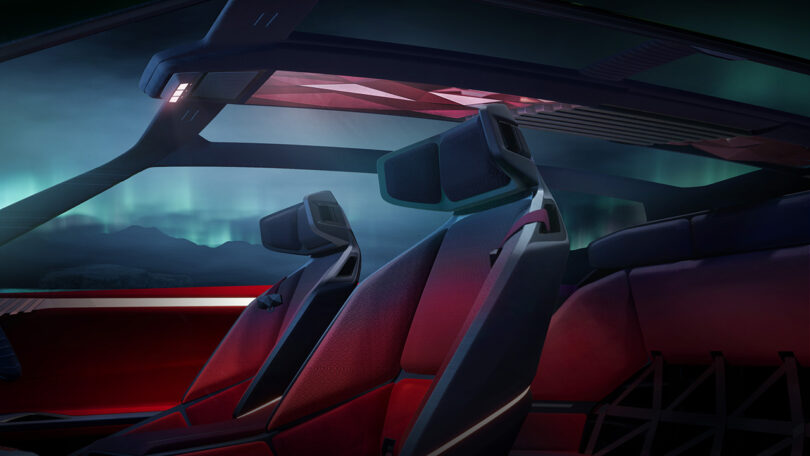 Render of the Nissan Hyper Adventure concept's richly red and angular interior cabin, with large overhead spans of windows giving occupants a wraparound view of the sky.
