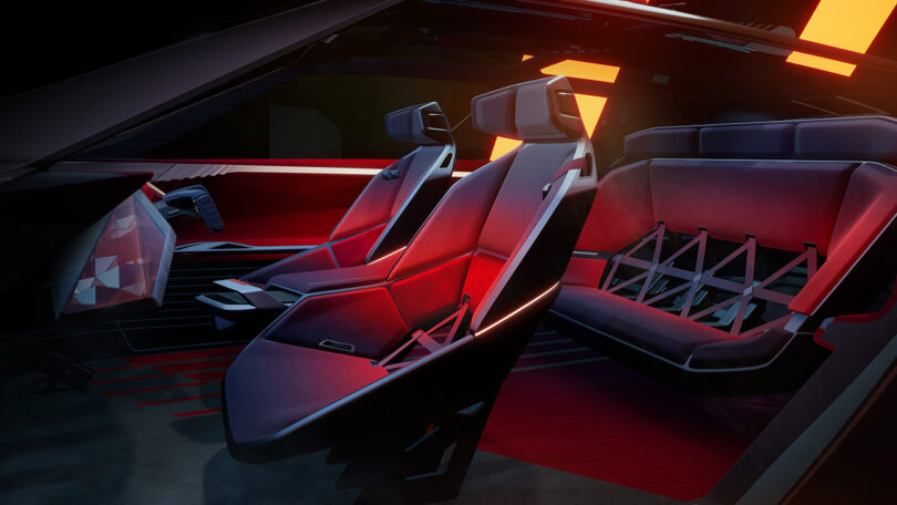 Render of the Nissan Hyper Adventure concept's richly red and angular interior cabin, showing the entirety of the SUV's 2 front seats and one large bucket sofa-style seating in the back. 