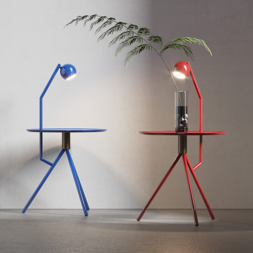 blue and red side table with connected lamps